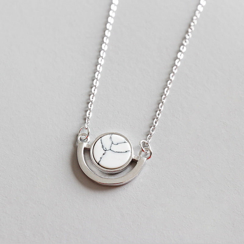 S925 Sterling Silver Pendant Necklace Moon Round White Black Marble Turquoise Statement Necklace Natural Stone For Women