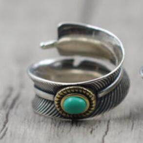 S925 Sterling Silver Ring in Popular classic style Feather series trendy jewelry Inlaid turquoise gift of love