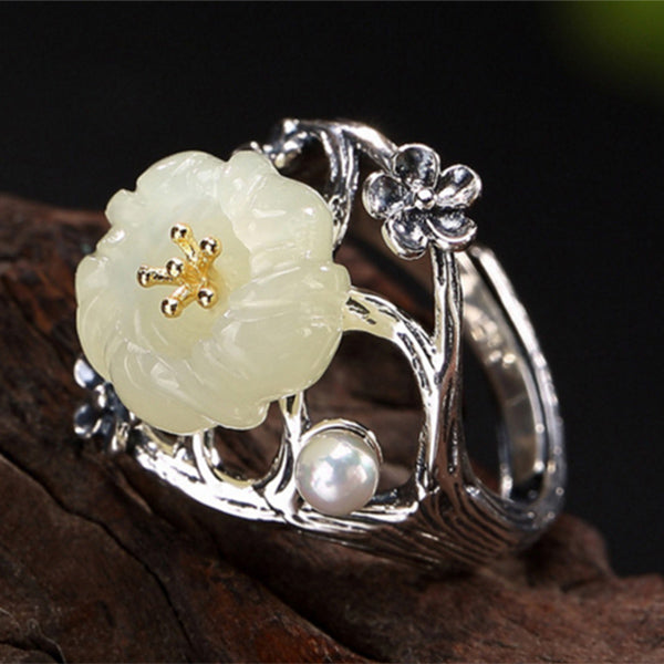 S925 Sterling Silver Thai Silver Nature White Jade Natural Pearl Ring Vintage Classical Plum Flower Leaf Women Open Rings