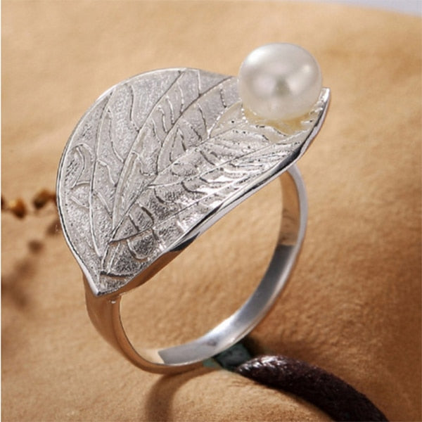 S925 Sterling Silver Thai Silver Nature White Jade Natural Pearl Ring Vintage Classical Plum Flower Leaf Women Open Rings
