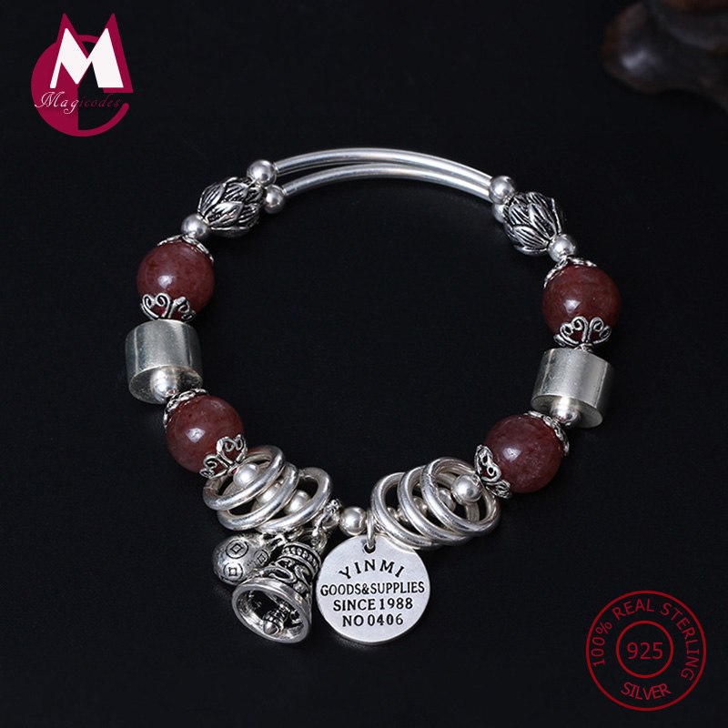 S925 Sterling Silver Women's Bracelet & Bangle Natural Stone Bells Round Beads Bracelet Crystal Wedding Fine Jewelry YB26