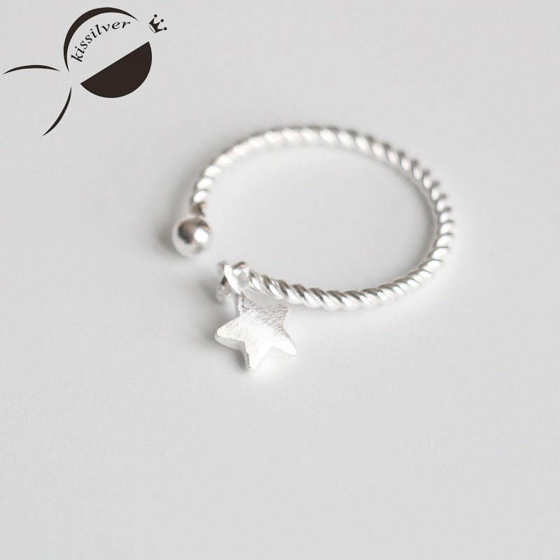 S925 Sterling Silver wire drawing star twist open ring for women adjustable party fine jewelry 2020 new female fashion rings