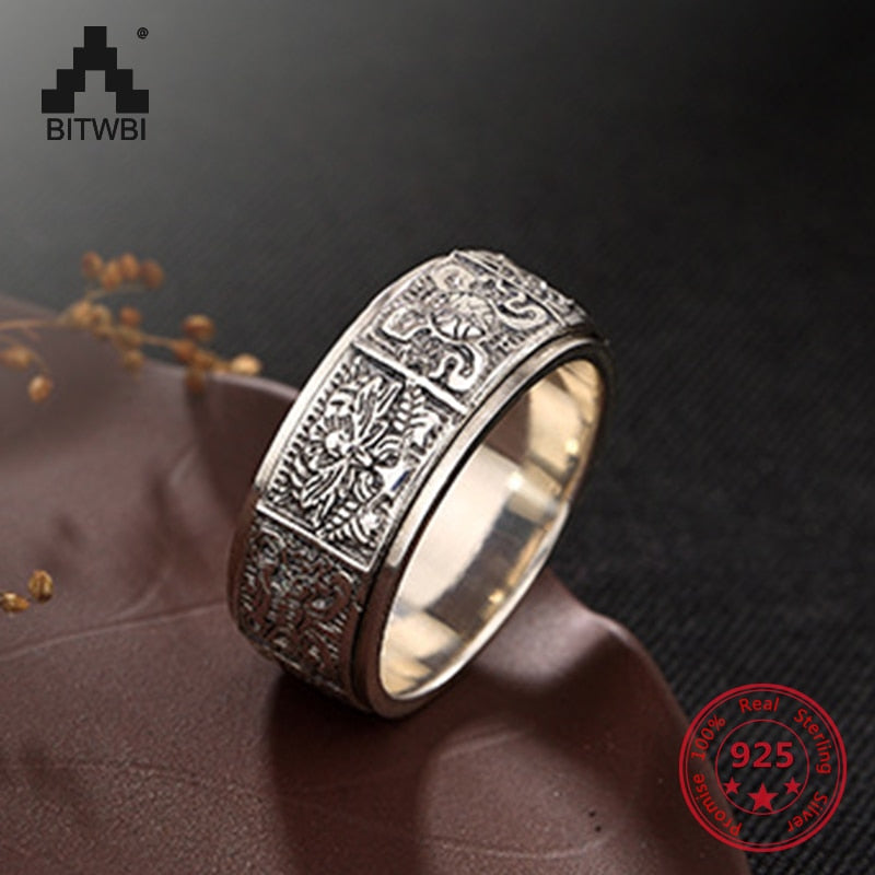 S925 Sterling Sliver Retro Men and Women Ring Buddhism Eight Auspicious Thai Silver Personality Can Rotate Ring Jewelry
