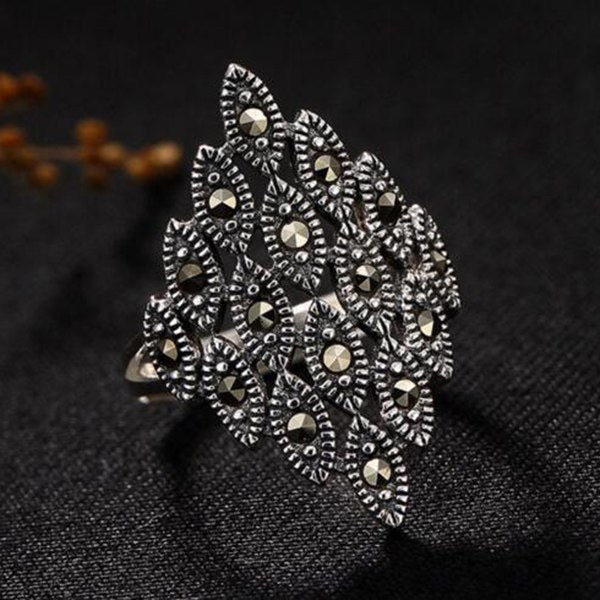 S925 Sterling Sliver Vintage Personality Marcasite Ring for Women High-end Fashion Fine Jewelry Gift