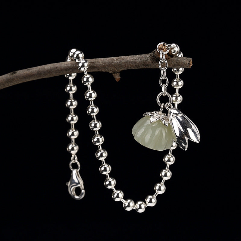 S925 pure silver hetian jade lotus han edition contracted joker woman with silver inlaid round bead bracelet