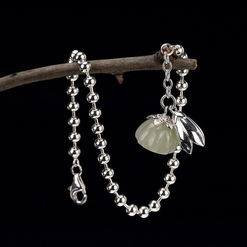 S925 pure silver hetian jade lotus han edition contracted joker woman with silver inlaid round bead bracelet