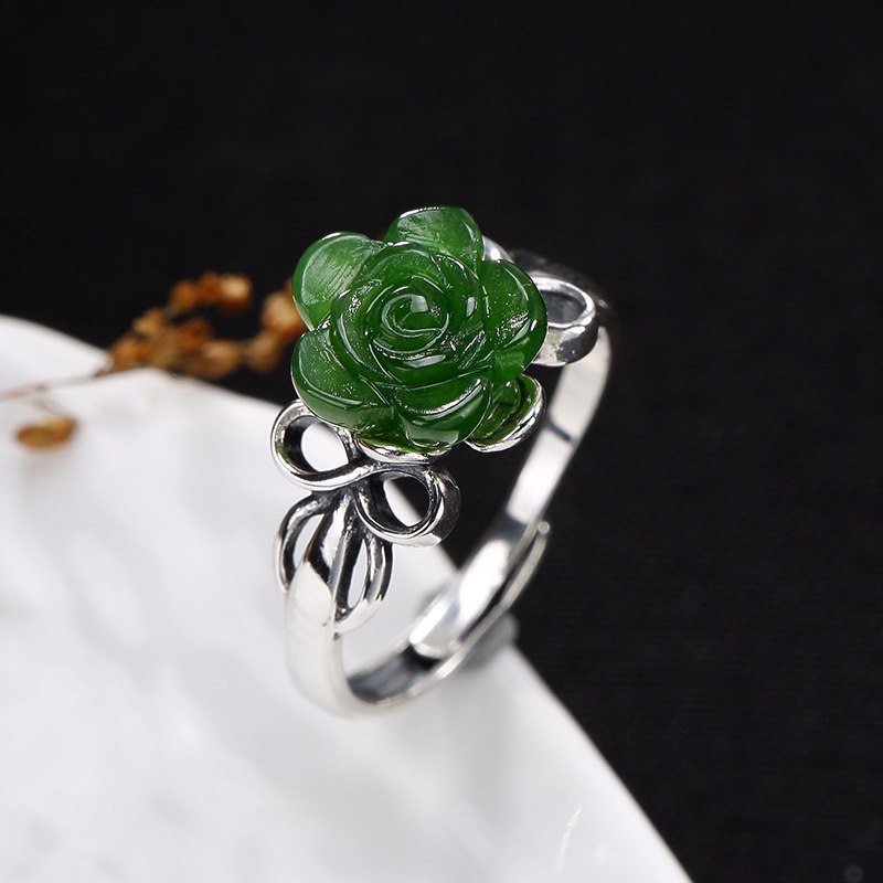 S925 pure silver inl hetian jade jade restoring ancient ways roses female ring ring   high-grade openings