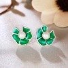 S925 silver hand inlaid earrings   antique pearl beads enamel stud, fashionable flower, female silver jewelry