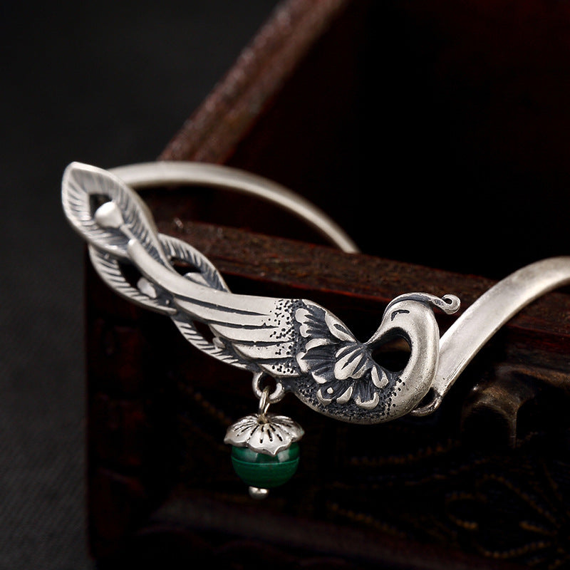 S990 Fine Silver Matte Ms Wear Peony Fung Malachite Silver Restoring Ancient Ways Unique Bracelet Wholesale High-grade