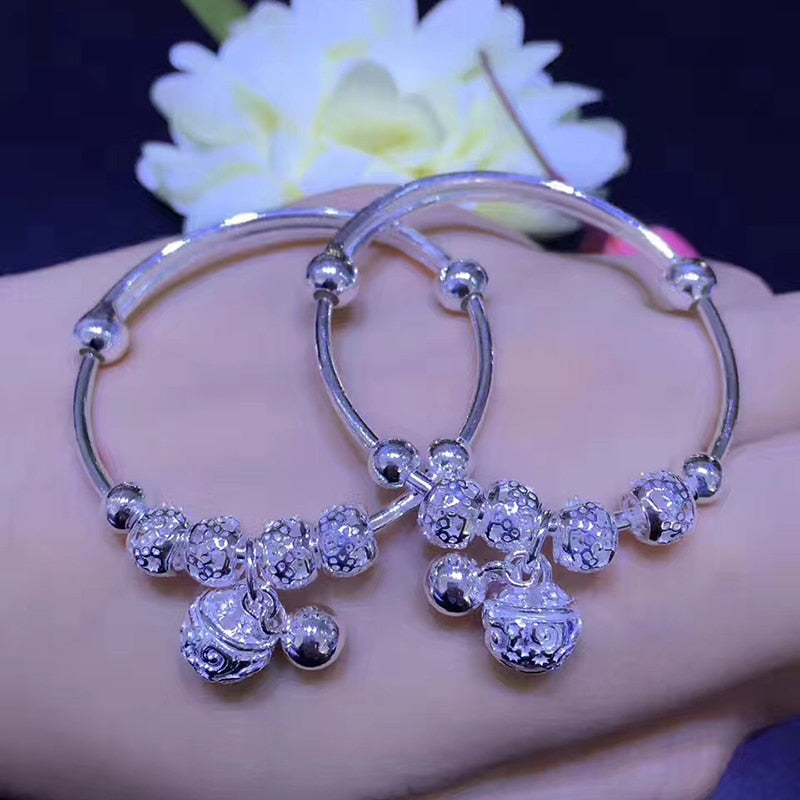 S990 sterling silver Bangles bracelets for girls boys children Fashion lucky round beads bell design   1pair with 2pcs