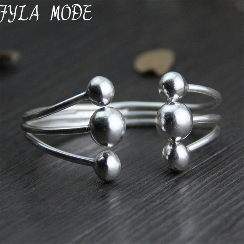 S999 Pure Solid Sterling Silver Lucky Balls Charms Wedding Engagement Adjustable Open Cuff Bracelets & Bangles For Women Fine