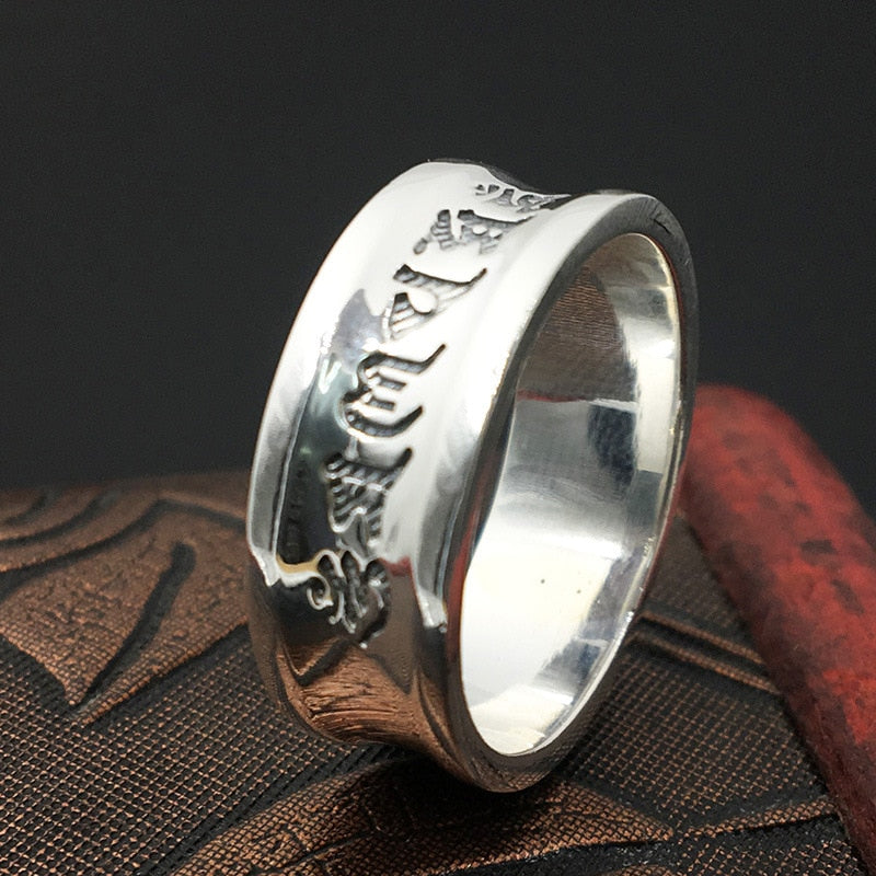 S999 Sterling Silver Jewelry Retro Thai Silver Six Words Scripture Simple Ring Men And Women Ring Fashion