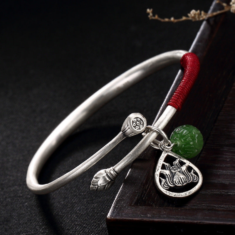 S999 fine silver restoring ancient ways is hetian jade lotus high-grade red rope benmingnian bangle bracelets