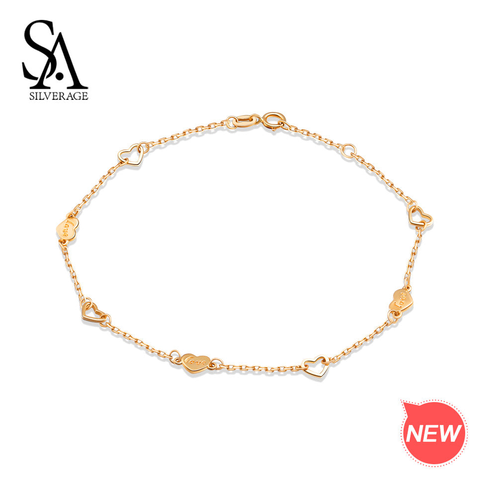 14K Yellow Gold Chain Link Bracelets Bangles for Women Love Heart Shape Charm Bracelet Fine Jewelry