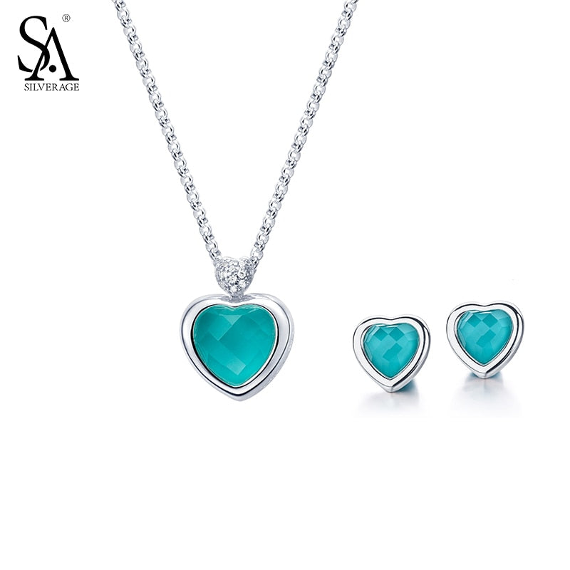 2020 Hot Sale Real 925 Sterling Silver Heart Jewelry Sets Stud Earrings Women Blue Pendant Necklaces Fine Jewelry