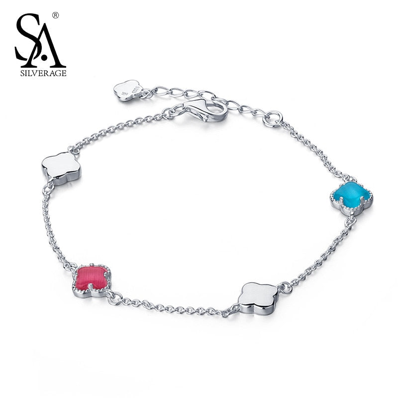 2020 New Women Blue Red Opal Bohemia Bracelet Real 925 Sterling Silver Pendants Fine Jewelry Lucky Clover Bracelets