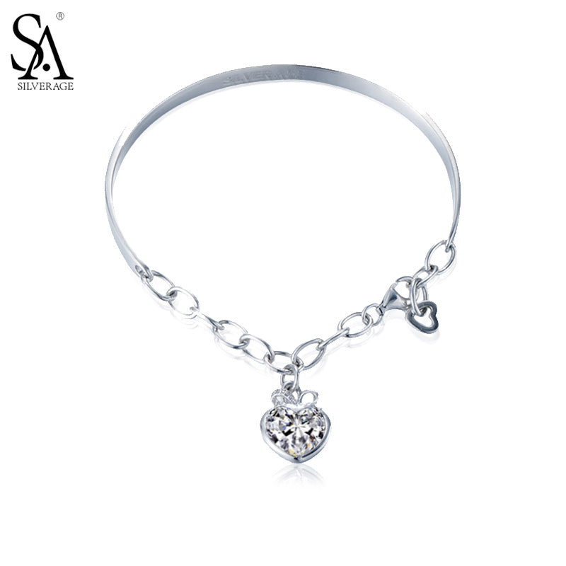 925 Silver Bangles With Heart Charm Chain Bracelet For Women Real Silver S925 Jewelry 2020 Party Gift