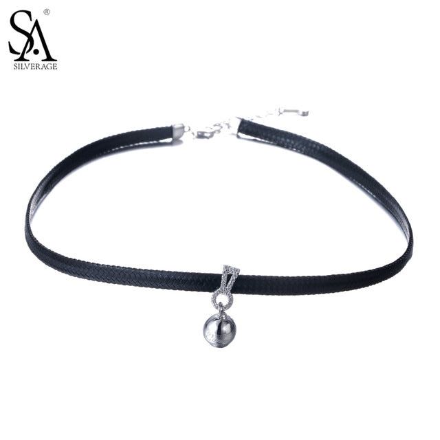 925 Silver Necklace Choker for Women Ball Pendant Leather Rope Real Silver Jewelry Necklace Lady Best Girl Gift