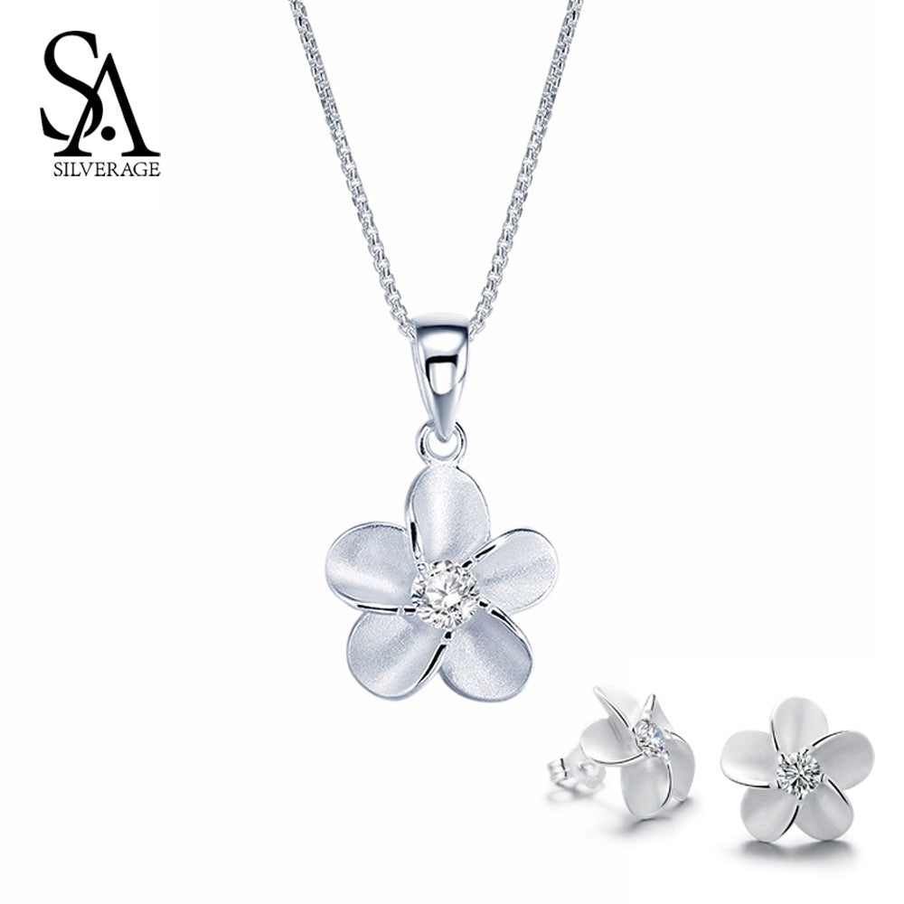 925 Sterling Silver AAA Cubic Zirconia Flower Pendant Necklaces Stud Earrings Jewelry Sets Women Fashion Jewelry