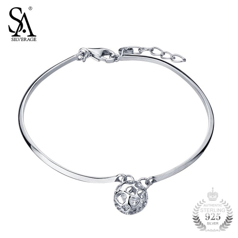 925 Sterling Silver Bangles Women Ball Charm Adjustable Bangle Bracelet Pure Silver Jewelry 2020 Best Gift
