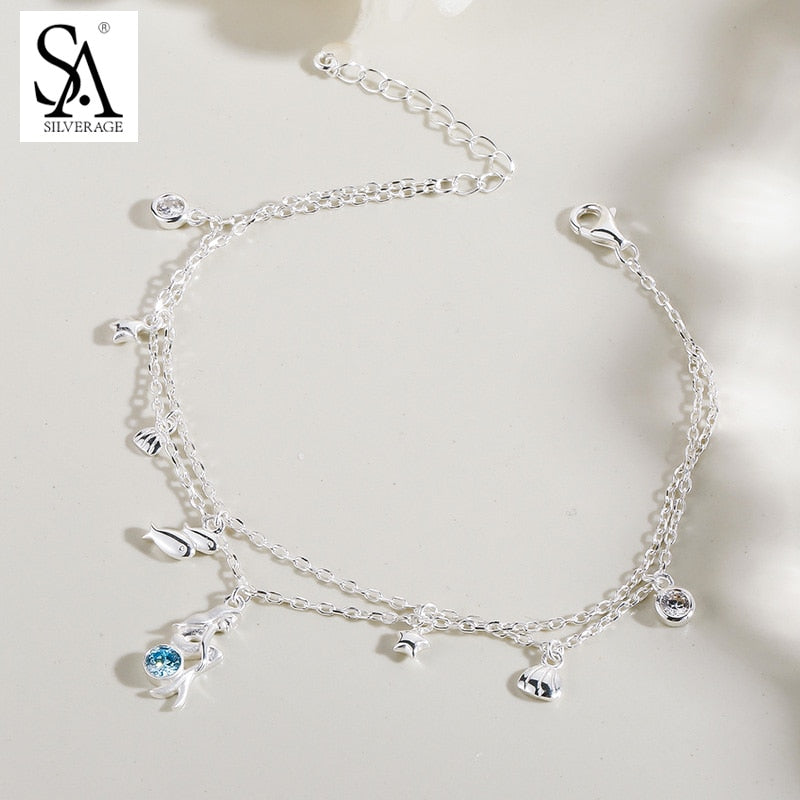 925 Sterling Silver Blue Mermaid Charms Chains Bracelets for Women Classic Original Fine Jewelry Wedding Gift