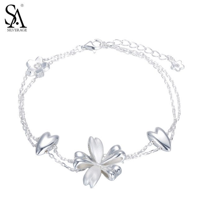 925 Sterling Silver Bracelet Flower Charm Bracelets Two Layer Chain Pure Silver Jewelry Women Party Accessory
