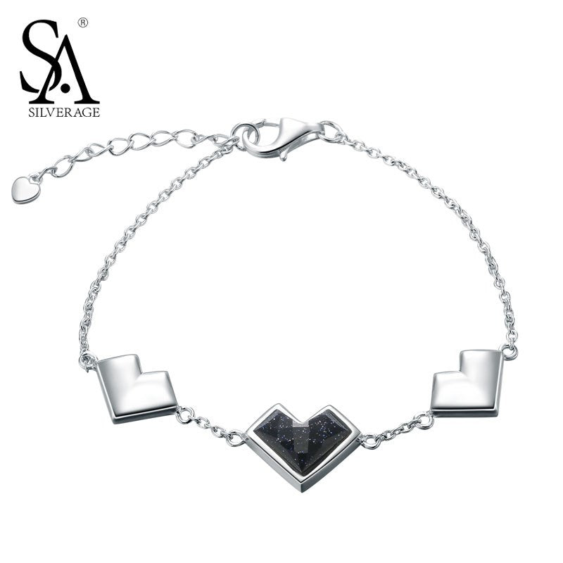 925 Sterling Silver Bracelets Bangles Aventurine Geometry Heart Cuff Bracelets Young Girl Jewelry Wear Trendy