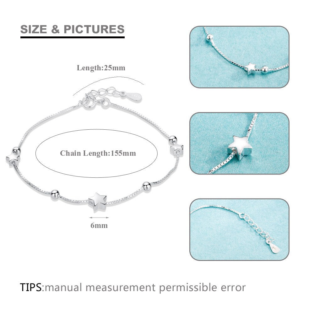 925 Sterling Silver Chain Bracelets & Bangles for Women 925 Silver Ball Chain Link Bracelets Star Charm Bracelet