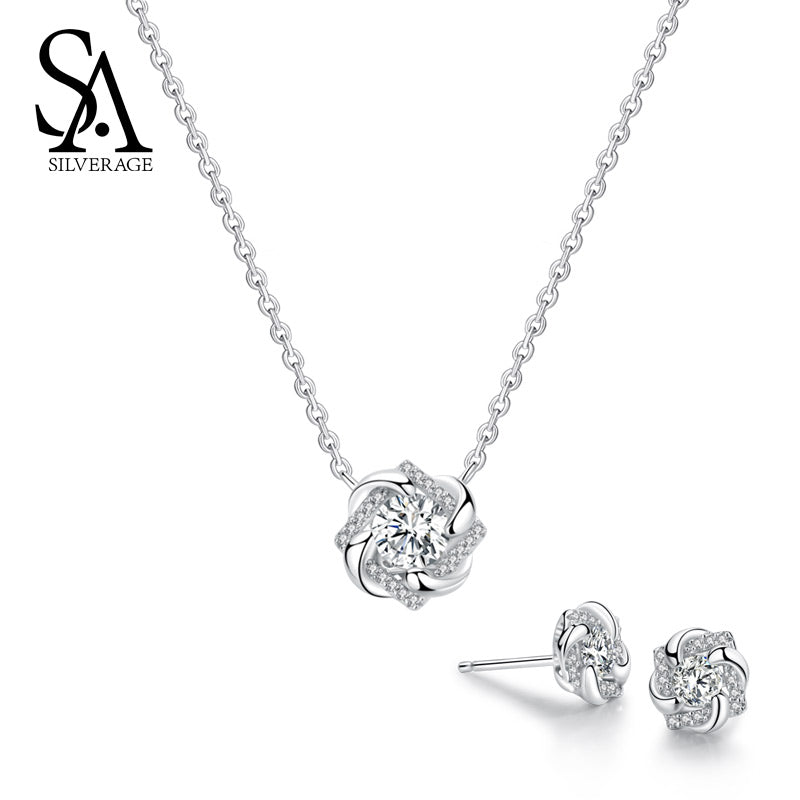 925 Sterling Silver Flower Stud Earrings Necklaces Jewelry Sets 925 Silver AAA Zirconia Earrings Necklaces Sets