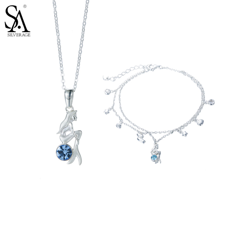 925 Sterling Silver Jewelry Sets Mermaid Pendant Necklaces Chain Bracelet Fine Jewelry Blue AAA CZ 2020 Hot Sale
