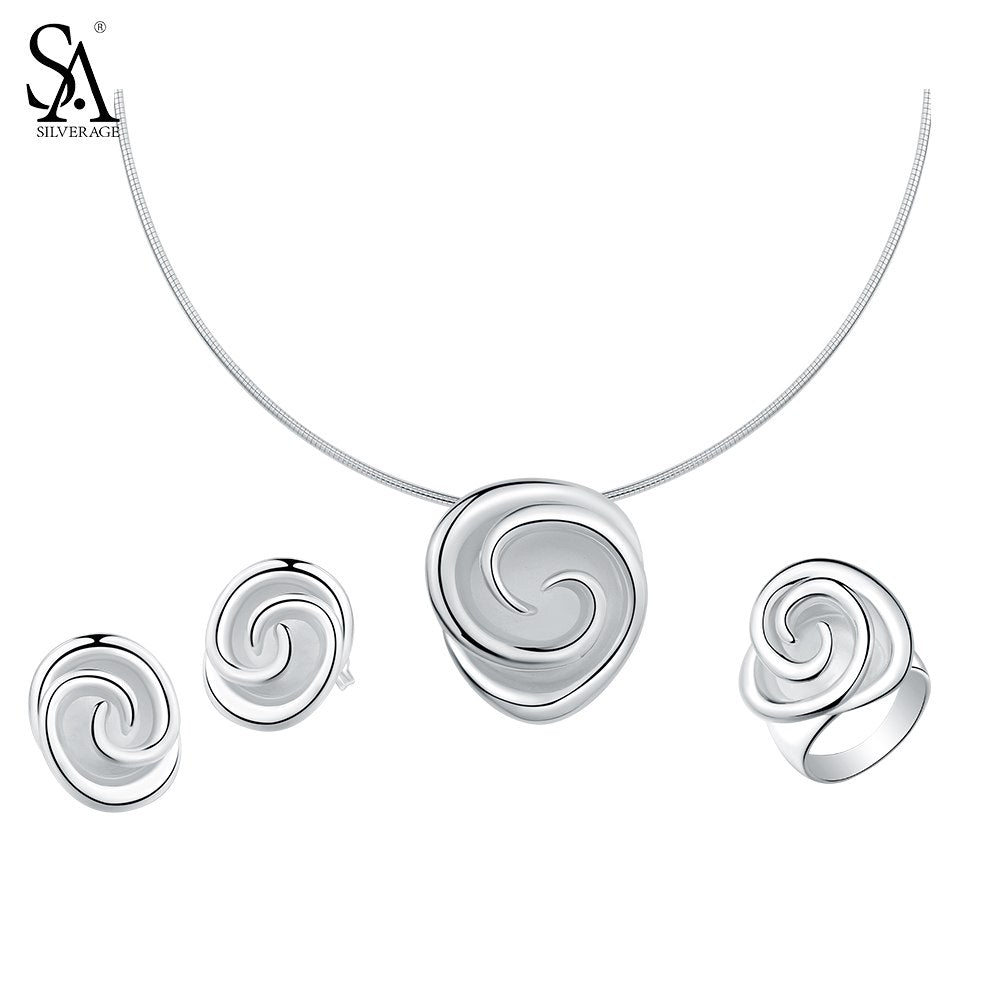 925 Sterling Silver Rose Jewelry Sets for Women Choker Pendant Necklaces 925 Silver Stud Earrings Wedding Rings
