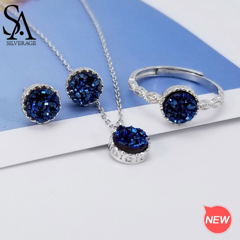 925 Sterling Silver Round Blue Agate Crystal 3-pieces Set Pendant Necklace Stud Earrings Wedding Rings Jewelry Set