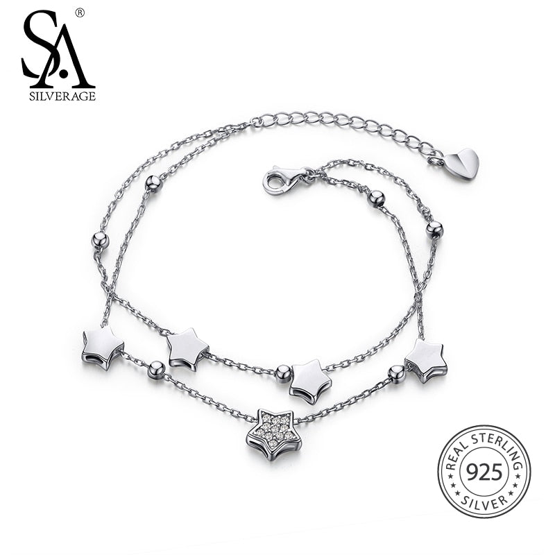 925 Sterling Silver Star Bracelets & Bangles for Women Jewelry Rhinestone Two Layer Chain Link Bracelet Female