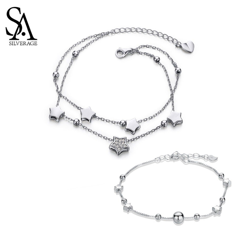 925 Sterling Silver Star Two-Layer Bracelet Bangle Ball Bracelet Woman 925 Silver 2 pieces Silver Jewelry Sets