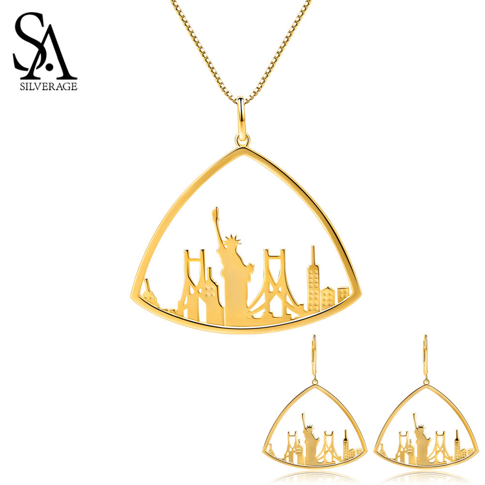 925 Sterling Silver Triangle Gold Color Plated Drop Earrings Pendant Necklace Jewelry Sets for Woman 925 Silver Set