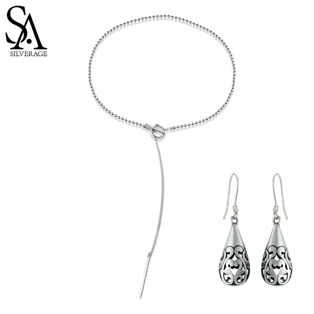 925 Sterling Silver Vintage Pendant Chain Necklaces Water Drop Drop Earrings Jewelry Sets for Woman Long Earrings