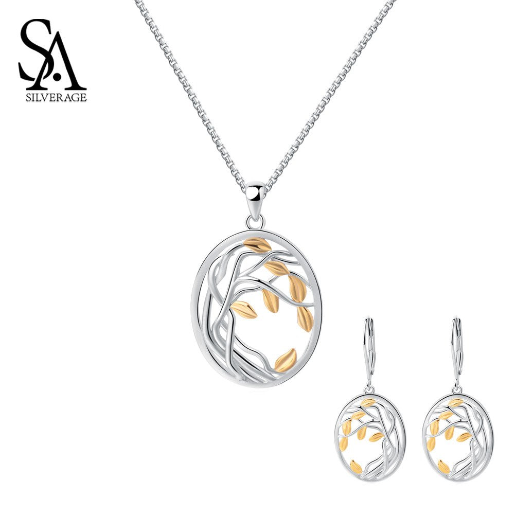 925 Sterling Silver Yellow Gold Color Jewelry Sets for Woman Life Tree Silver Pendant Necklaces Drop Earrings Sets