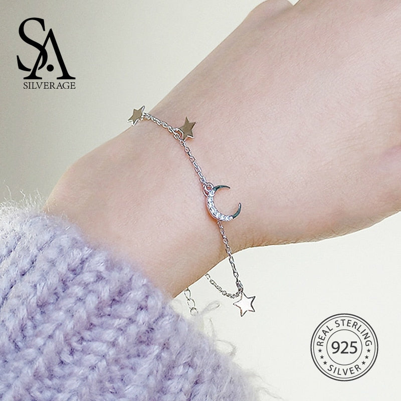 925 Sterling Star Moon Silver Bracelets For Women Fine Jewelry Trendy Party Bracelet 2020 New Arrivals