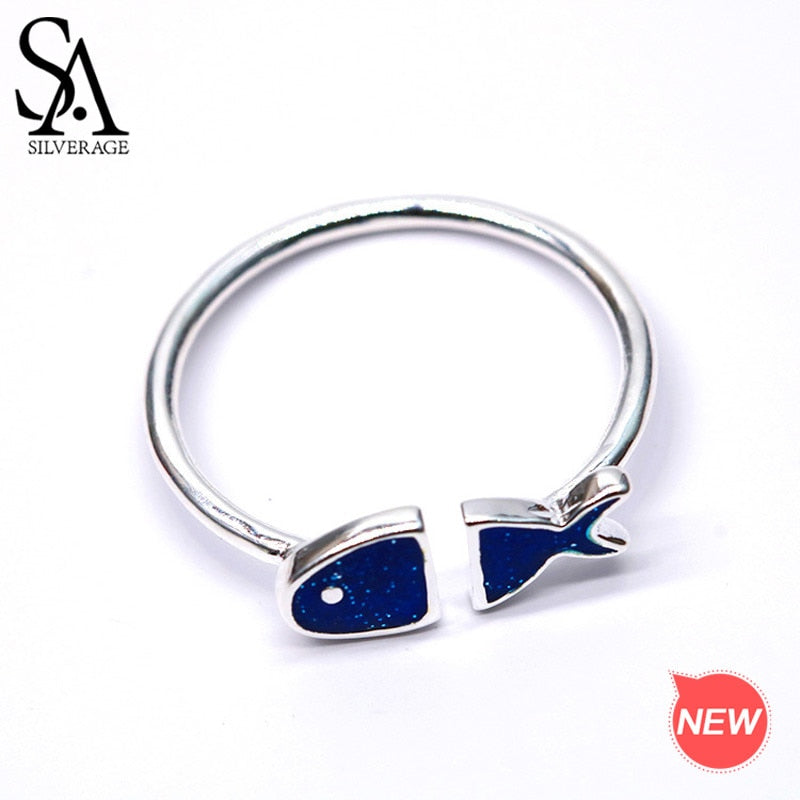 Authentic 925 Sterling Silver Blue Fish Wedding Ring for Girls Adjustable 925 Silver Rings Brand Fine Jewelry