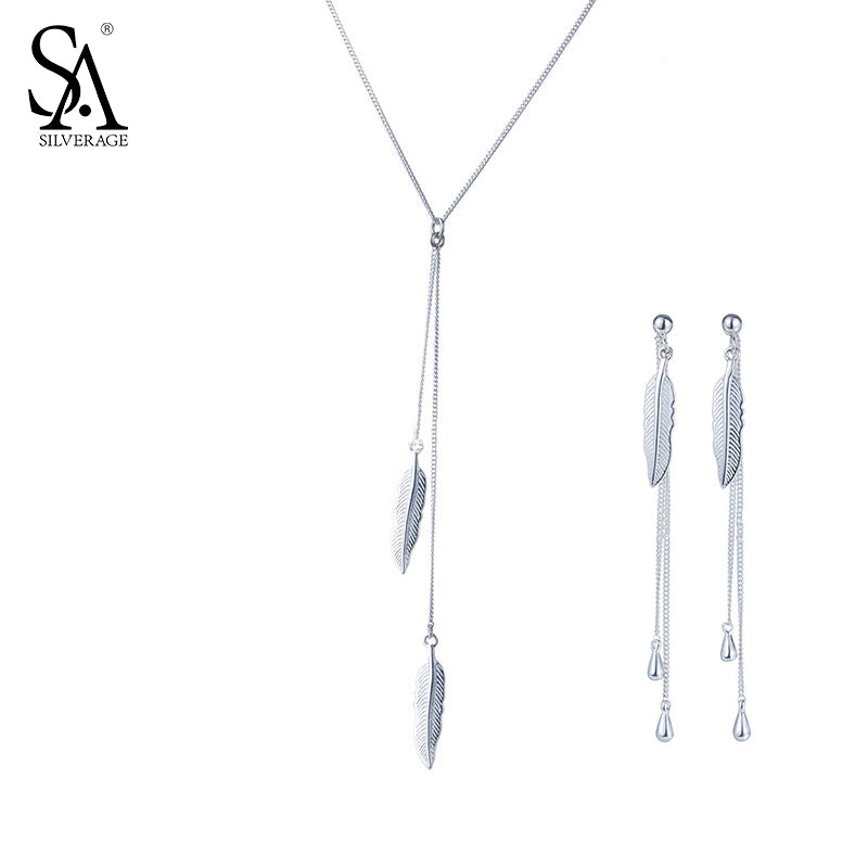 Authentic 925 Sterling Silver Jewelry Sets Feather Necklaces Pendant & Drop Earrings Jewelry Sets for Wedding Gift