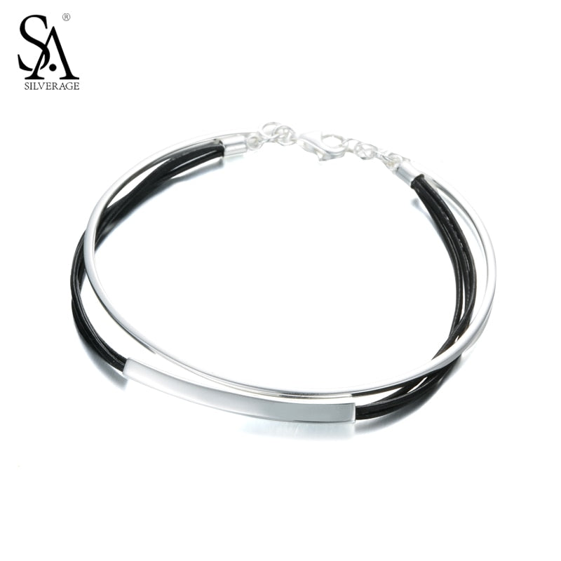 Authentic 925 Sterling Silver Leather Cord Bangles & Bracelets Fashion Fine Jewelry New Bracelets Romantic Gift