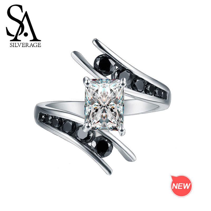 Authentic 925 Sterling Silver White/Black Zirconia Engagement Ring Gemstone Ring Silver 925 Jewelry Women Rings