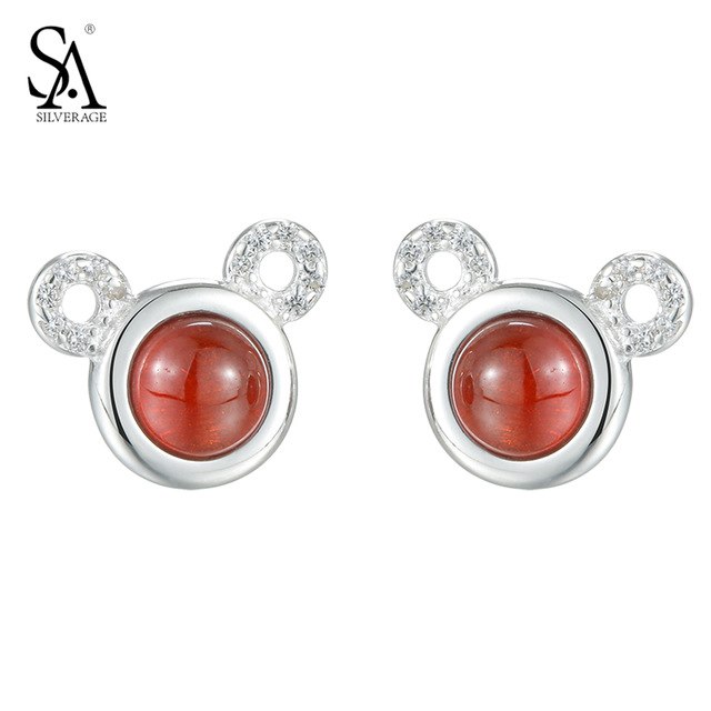 Earing Silver 925 Studs Little Bear Red Gemstone Sterling Silver Jewelry Earrings Women Birthd Gift