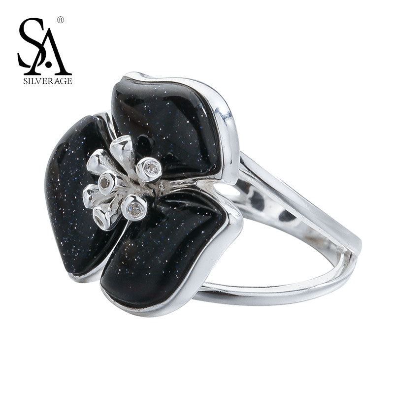Genuine 925 Sterling Silver Black Gemstone Rings for Women Wedding Fine Jewelry AAA Cubic Zirconia Flower Rings