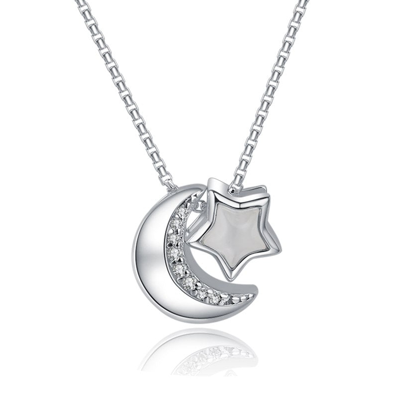 Moon Star Pendants Necklaces For Women Open Moom and Star Starry Sky Blue Color Jewelry Silver Necklace for Lady