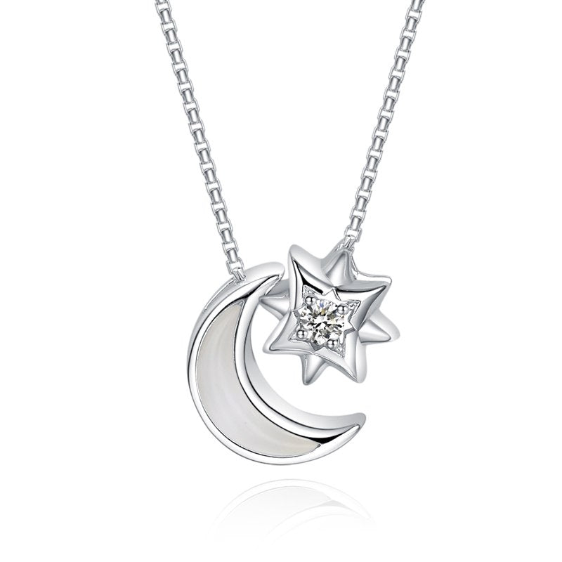 Moon Star Pendants Necklaces For Women Open Moom and Star Starry Sky Blue Color Jewelry Silver Necklace for Lady