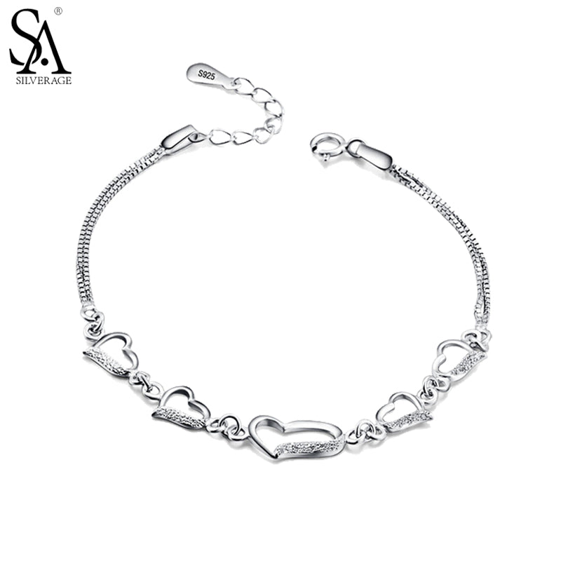 New Real 925 Sterling Silver Heart Link Bracelet for Women Heart Shape Silver Geometric Bracelet for wendding gift