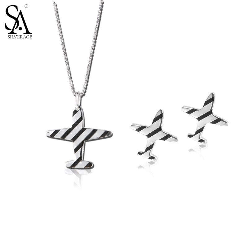 Original 925 Sterling Silver Jewelry Set Camouflage Aircraft Necklaces Pendant & Stud Earrings Jewelry Party Gift