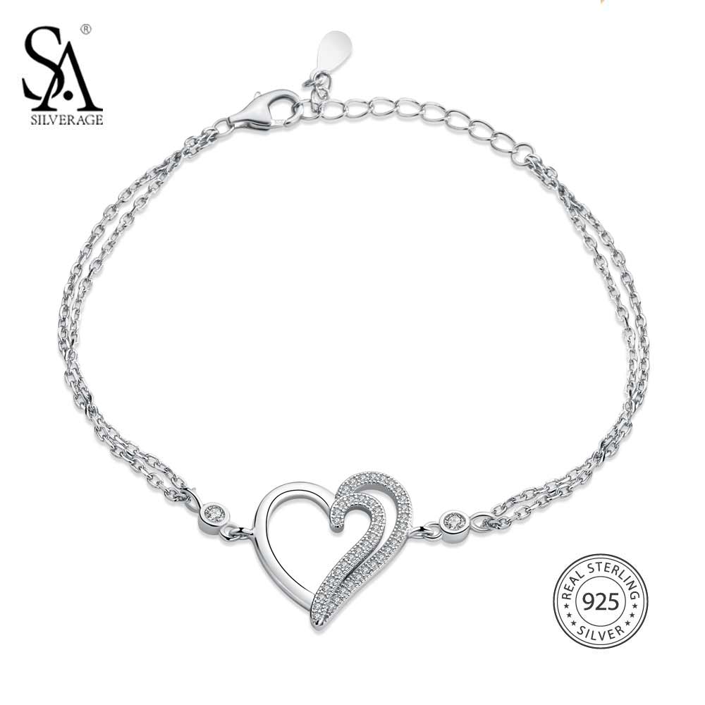Real 925 Sterling Silver Chain Bracelet for Women Fine Jewelry Romantic Heart Female Wedding Crystal Bracelets