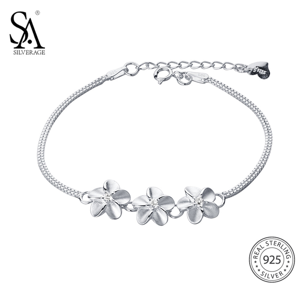 Real 925 Sterling Silver Flowers Chain Link Bracelet for Women Fine Jewelry 925 Silver Charm Bracelets Bangles
